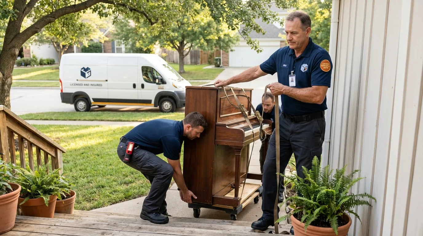 Licensed piano movers securing grand piano in Pierceton, IN
