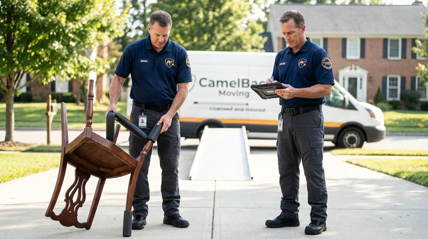 Movers inspecting furniture for damage prevention before loading in Pierceton, IN