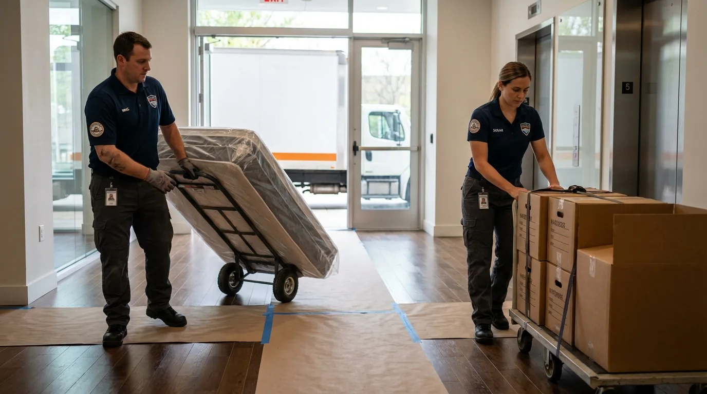 Professional apartment movers loading elevator in Pierceton, IN