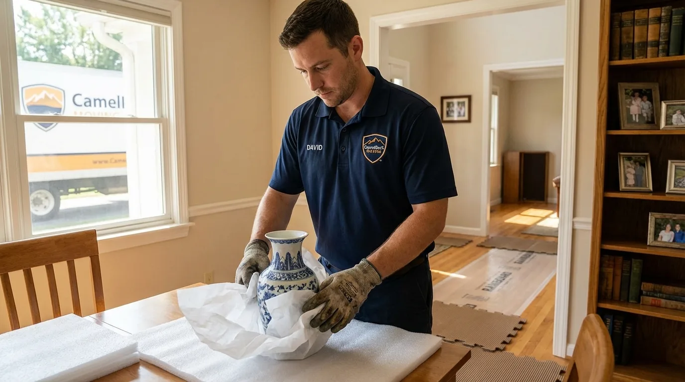 Professional crew carefully wrapping antique vase for senior downsizing move in Pierceton, IN